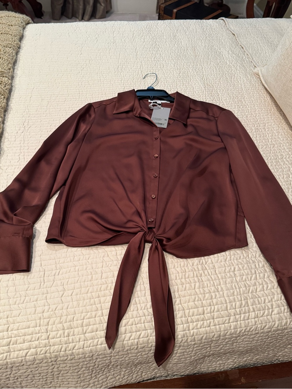 Preston & York Satin Tie-Front Blouse in Deep Brown